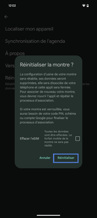 28138256 google pixel watch 2 4g reinitialiser l objet depuis application watch avertissement confirmez avec reinitialiser screenshot